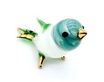 Miniature Hand Blown Glass Funny Bird Chickadee Animal Cute Green White Figurine Tiny Statue Decoration Collectible Small Craft Hand Painted