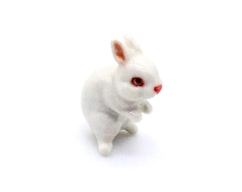 Miniature Ceramic Rabbit Standing Bunny Mini Baby Animal Little Small Pink White Figurine Statue Decoration Hand Painted Craft Tiny Figure