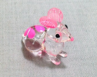 Hand Blown Glass Miniature Funny Baby Rat Mouse Animal Cute Transparent Pink Figurine Statue Decoration Collectible Small Hand Made Craft