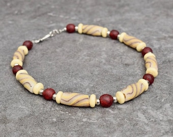 Elegant African Necklace with Big Chunky Krobo Glass Beads, Red Light Yellow, Beaded Short Tribal Necklace