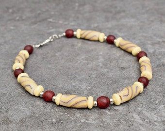 Elegant African Necklace with Big Krobo Glass Beads, Beaded Statement Necklace, Chunky Necklace, Red Light Yellow, Short Tribal Necklace
