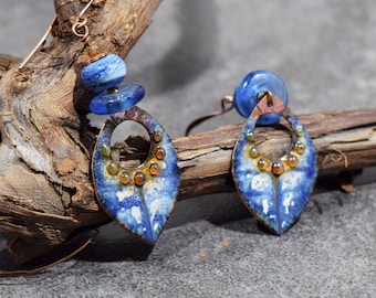 Tribal Earrings with Enamel Copper Charms and Glass Beads, Bohemian Artisan Jewelry, Cobalt Blue Dangle Earrings, African Jewelry