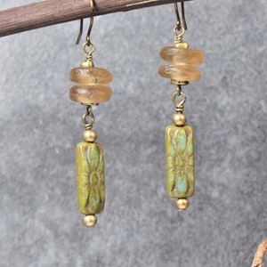 Rustic Earrings with Czech & African Glass Beads, Bohemian Long Charm Dangle Earrings, Olive Bronze Fawn Brown Hypoallergenic Ear Wires