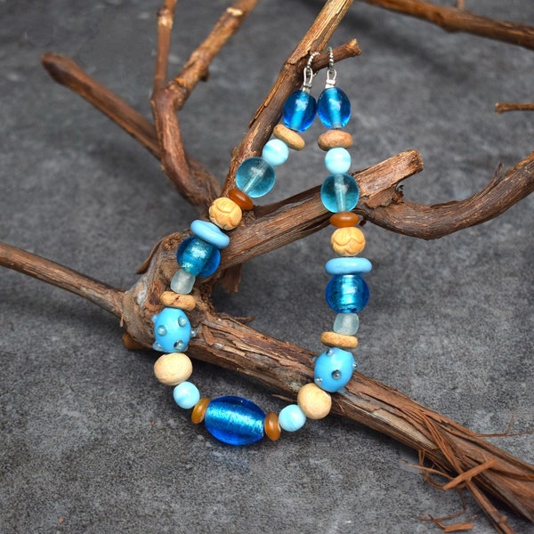 Blue Beads Chain for Fibula Brooches, Viking inspired Beaded Strand with Glass for Women Apron Dress, Light Blue Lampwork