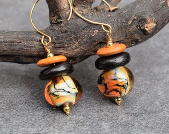 Tribal Earrings with Lampwork Glass Beads & Wood, African Safari Jewelry, Animal Tiger Print, Beach Jewelry, Orange Black