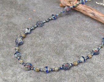 Bohemian Chic Rustic Necklace with Czech Glass, Dark Blue Flower & Bicone Beads,Womens Jewelry Gift, Optional with Bracelet or Earrings