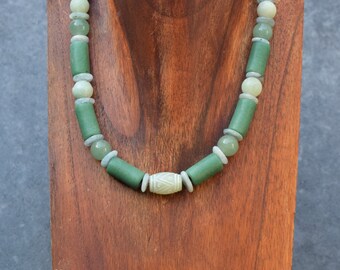 Ethnic Necklace with Carved Jade & African Glass Beads, Green Beaded Tribal Necklace with Semi Precious Stone