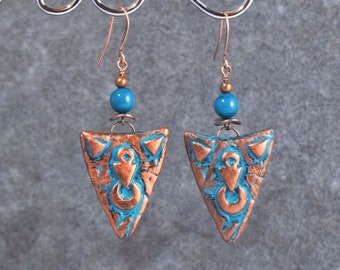 Rustic Tribal Earrings with Polymer Clay Triangle Charms & Glass Beads, Large Brown Copper Teal Earrings, Gypsy Bohemian Jewelry