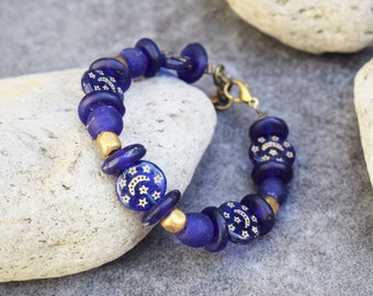 Cobalt Blue Bracelet with Vintage Arabic Prayer Beads & African Glass, Ethnic Jewelry, Crescent Moon Star, Hajj Muslim Gift, Beaded Bracelet