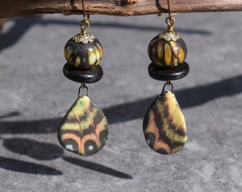 Butterfly Wing Earrings with Lampwork Glass Beads, Ceramic Dangle Boho Earrings, Artisan Jewelry, Bohemian Jewelry, Insect Nature Lover Gift