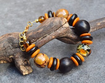 Safari Style Beaded Bracelet with Large Ebony Wood & Lampwork Glass Bead, Jungle Tiger Print African Jewelry, Black Brown Burnt Orange