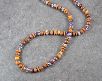 Long Tribal Necklace with African Recycled Glass and Natural Wood Beads, Bohemian Tropical, Beaded Chunky Necklace For Men or Women