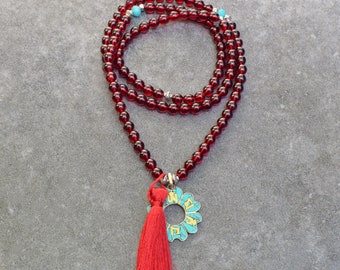 Mala Necklace with 108 Glass Beads and Nepalese Pendant, Long Bohemian Tassel Necklace, Buddhist Yoga Jewelry, Dark Red Turquoise and Brass