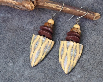 Tribal Earrings with Shield Charms, African Artisan Ethnic, Light Yellow Ceramic Dangle Earrings, Hypoallergenic Ear Wires, 2 Inches Long