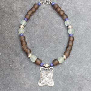 Statement Necklace with African Beads, Ethnic Tribal Necklace, Large Silver Metal Pendant, Chunky Boho Necklace, Smoky Brown Glass Beads