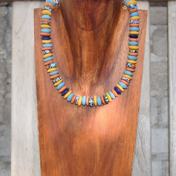 Colorful Necklace with African Recycled Glass Disc Beads, Tribal Jewelry, Chunky Rough Beads, Multi Color Ethnic Statement Necklace