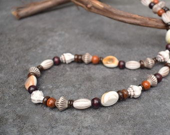 Bohemian Necklace with Shiva Shell, Czech Glass and Coconut Beads, White Brown Rustic Natural Colors, Tribal Boho Jewelry Gift for Women