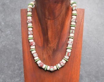 Tribal Necklace with African Glass & Shell, Summer Boho Necklace Men / Women, Ethnic Jewelry, Statement Necklace, Off White Light Green