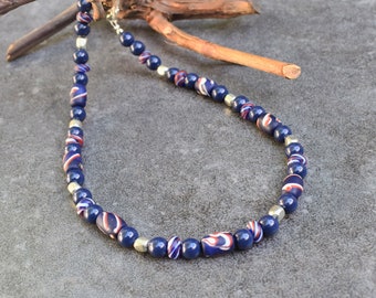 Dark Blue Necklace with Antique Trade Beads, Indonesian Glass & Ethiopian Silver Metal, Ethnic Jewelry, Beaded Necklace for Women