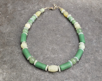 Ethnic Necklace with Carved Jade & African Glass Beads, Green Beaded Necklace, Semi Precious Stone Necklace, Bohemian Tribal Necklace