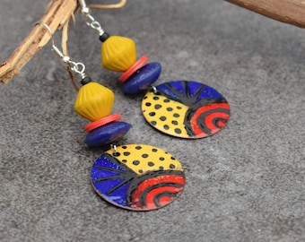 Colorful Statement Earrings with Enamel Dangles and Beads, Charm Earrings, Multi Color Hippie Jewelry, Long Boho Earrings, Artisan Jewelry