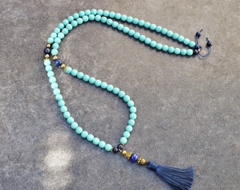 Mala Style Necklace with Glass Beads & Tassel, Bohemian Jewelry, Light Blue Turquoise Necklace, Yoga Gift, 90 Beads for Meditation