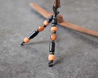 Long Boho Earrings w/ Indonesian Glass Beads, Bohemian Earrings, Hippie Gift, Ethnic Jewelry, Thin, Primitive Jewelry, Orange Black Earrings