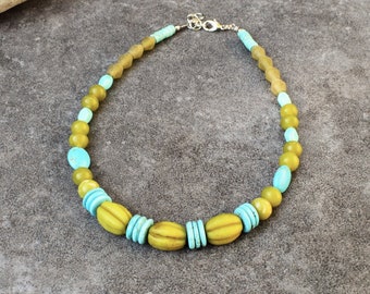 Rustic Statement Necklace with Ethnic Glass Beads & Turquoise Stone, Olive Green Big Beads, Chunky Tribal Summer Jewelry