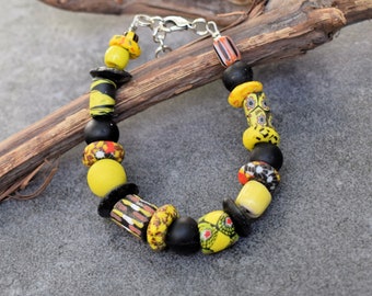 Bracelet with Antique Trade Beads, Millefiori Glass & Krobo Beads, Chunky Ethnic Bead Bracelet, Tribal African Jewelry, 19 cm