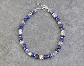 African Necklace with Recycled Glass Beads, Chunky Necklace, Beaded Tribal Statement Jewelry, Dark Blue Big Krobo Beads with Floral Design