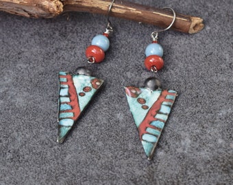 Rustic Tribal Earrings with Ceramic Shield Charms & Glass Beads, Artisan Jewelry, Light Pale Blue Boho Earrings, Hypoallergenic