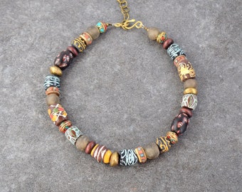 Chunky Necklace with Ethnic Beads, Multi Color Necklace with Recycled Glass Brass Metal, Beaded Tribal Jewelry with Rough Beads