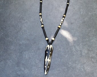 Tribal Necklace with Bone Pendant & Tube Beads, Batik Bone and Wood, African Jewelry Bohemian Surfer Jewelry, Light Weight