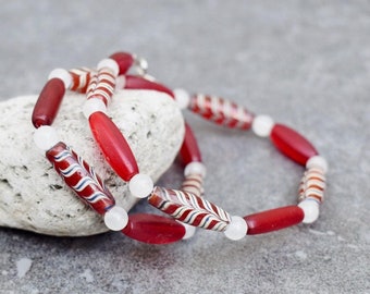 Beaded Necklace with Antique Glass Trade Beads, Ethnic Jewelry, Bohemian Dark Red Necklace, Feather Beads, Viking Jewelry for Women