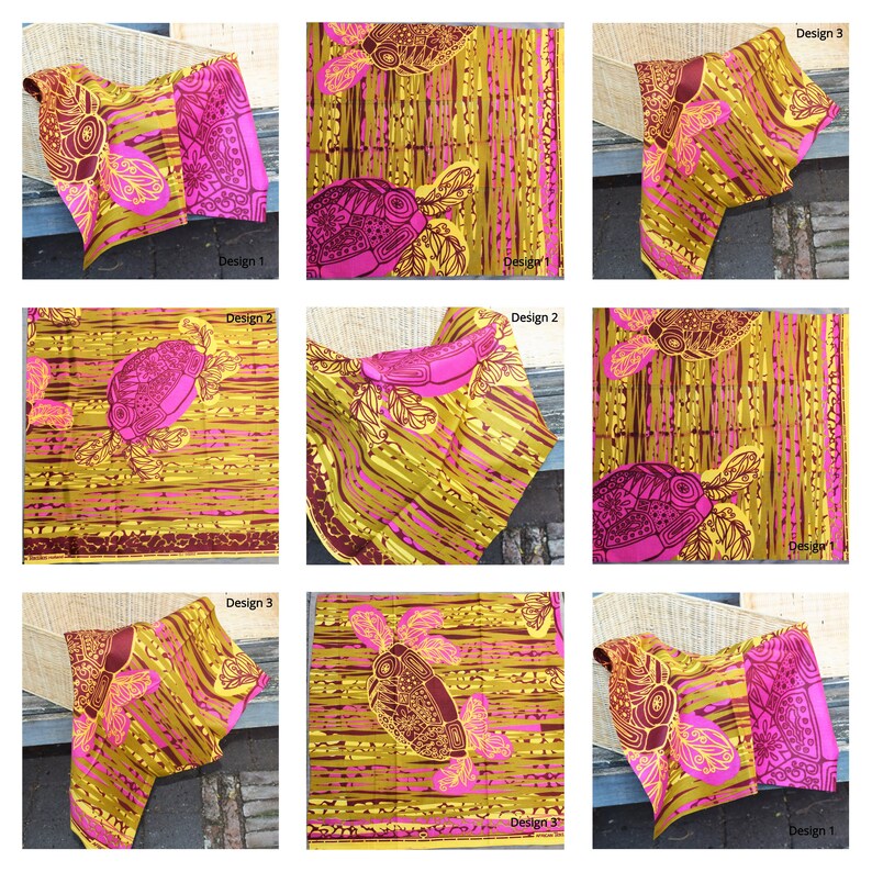 May include: A close-up of nine different fabric designs featuring a pink and gold pattern with a stylized turtle and leaf design. The fabric is folded and displayed on a wooden surface.