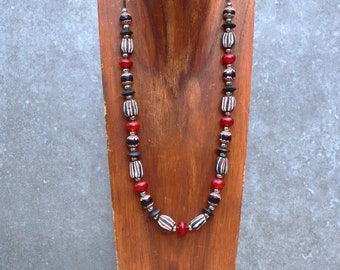 Long Tribal Necklace with African and Chevron Glass and Resin, Chunky Beaded Leather Cord Necklace for Men or Women, Ethnic Jewelry, 30''