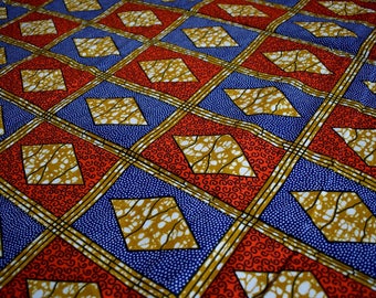 Fat Quarter Geometric Red Blue Cotton Fabric, African Fabric Tribal Fabric, Boho Home Decor, African Print, Ethnic Textile, Wax Block Print