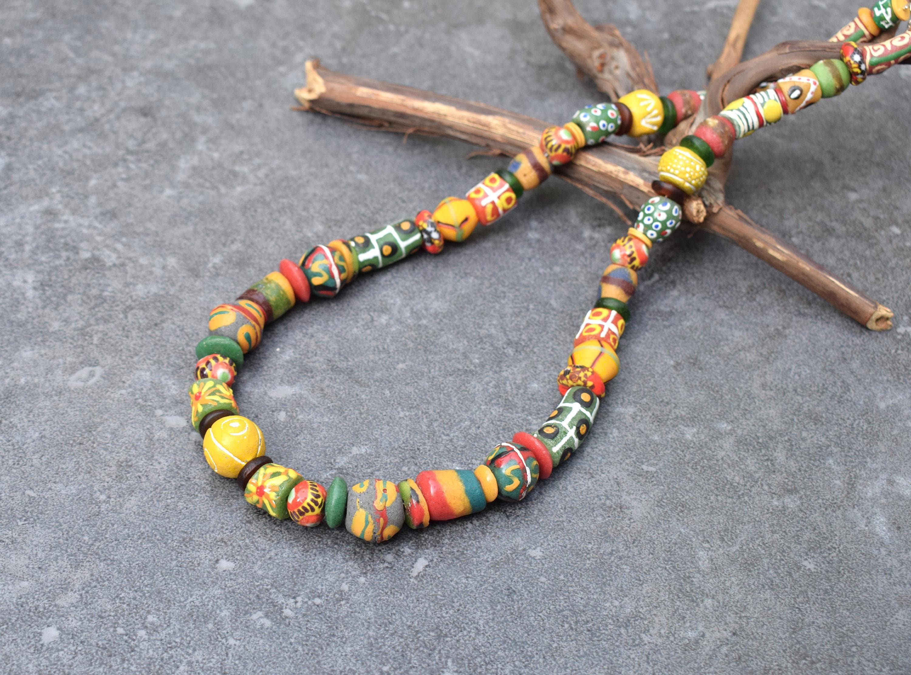 Colorful African Statement Necklace with Big Chunky Handmade Krobo Glass Beads, Ethnic Tribal Jewelry for Men or Women