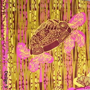 May include: A colorful fabric design featuring a stylized turtle with intricate patterns in shades of yellow, pink, and brown. The background is a repeating pattern of vertical lines and swirls.