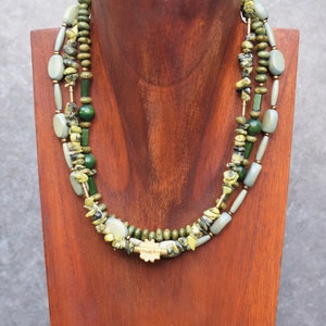 Multi Strand Necklace with Wood, Stone & African Brass Beads, Vintage Colors, Bohemian Statement Necklace, Green Boho Necklace