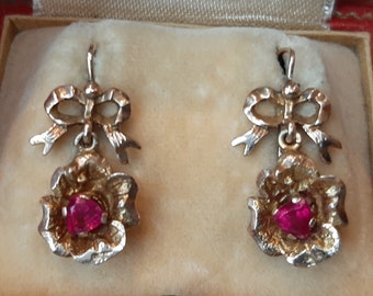 Antique Bow Flower Ruby Earrings Victorian 14k Yellow Gold