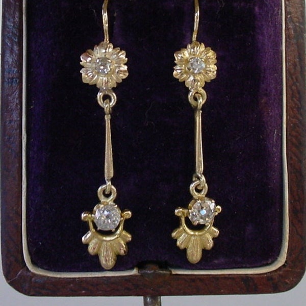 Antique Victorian Old Mine Cut Diamond Dangle Earrings 18k Yellow Gold