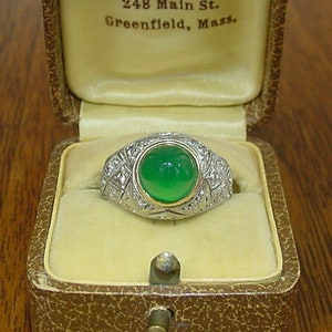 Art Deco Platinum Chrome Chalcedony  Bullet Sugarloaf Cut Diamond Ring