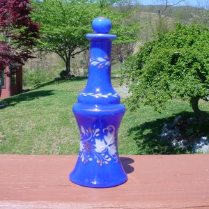 Antique French Blue Opaline Glass Enamel Painted Cologne Scent Perfume Bottle