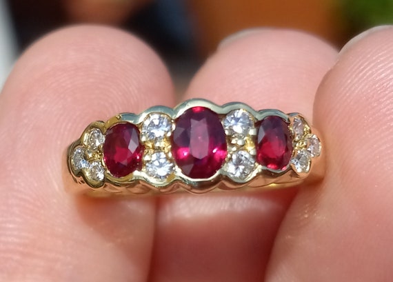 Spark Creations Three Stone Ruby Diamond Ring 18k… - image 1