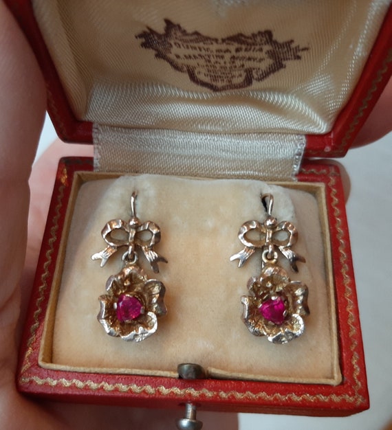 Antique Bow Flower Ruby Earrings Victorian 14k Ye… - image 1