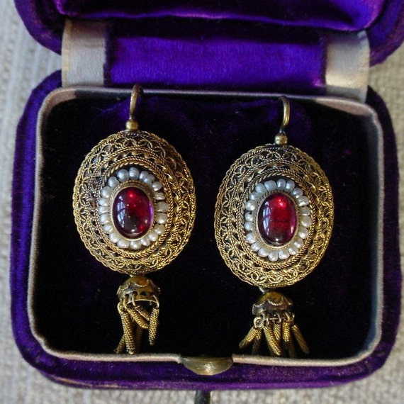 Antique Georgian 18K Gold Cannetille Garnet Pearl… - image 2