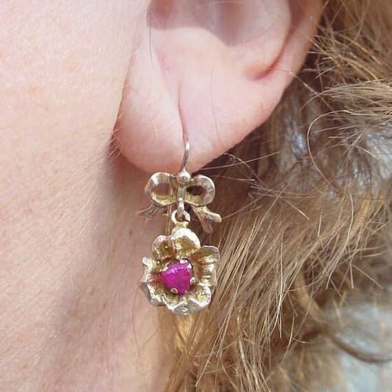 Antique Bow Flower Ruby Earrings Victorian 14k Ye… - image 5