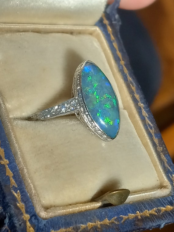 Platinum Black Crystal Opal Platinum Ring Antique… - image 9