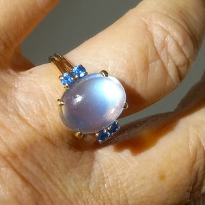 Vintage 1940's Large Blue Flash Ceylon Moonstone Ring Blue Sapphires 14K  Ludwig Fessner Co.